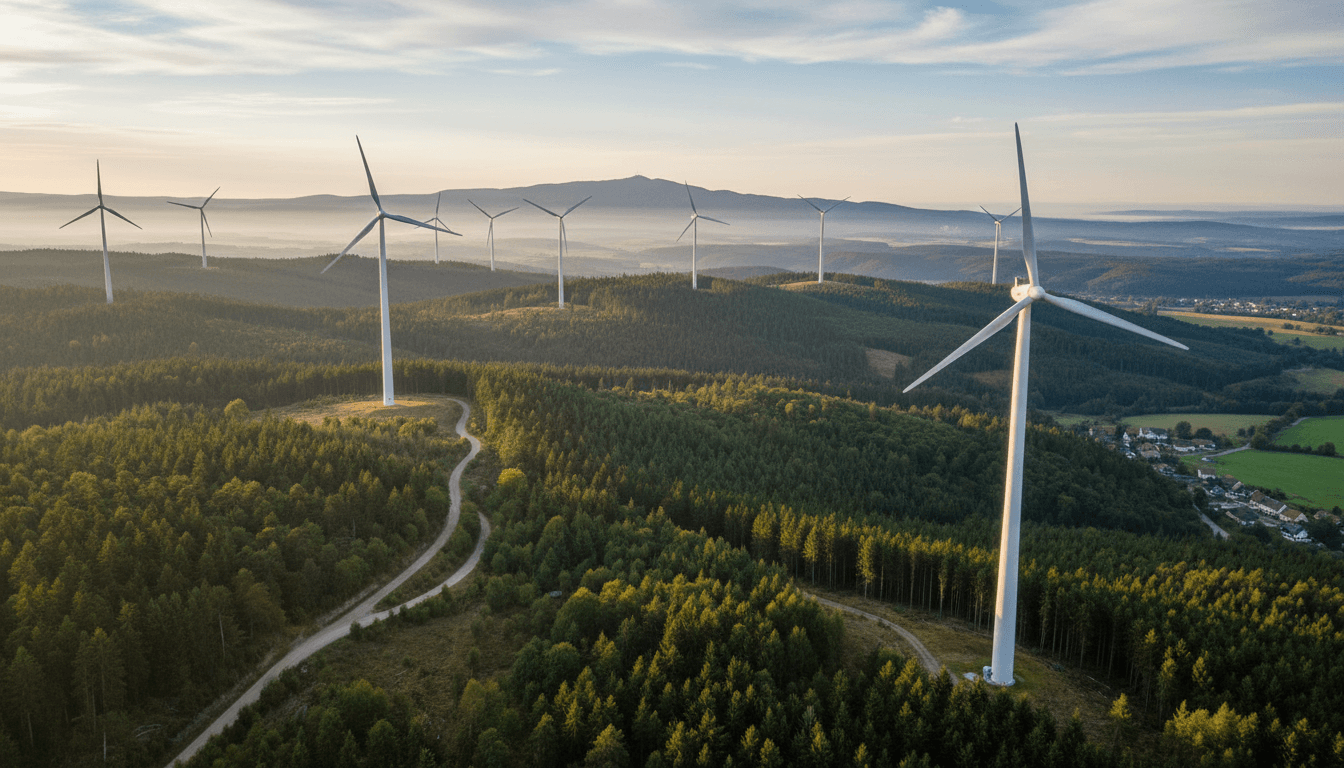 Waldlandschaft mit Windkraftanlagen in Südwestthüringen